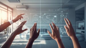 Hands interact with a holographic fashion design interface showing clothing sketches and icons in a bright studio environment.