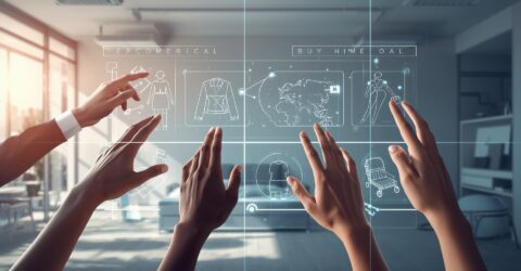 Hands interact with a holographic fashion design interface showing clothing sketches and icons in a bright studio environment.